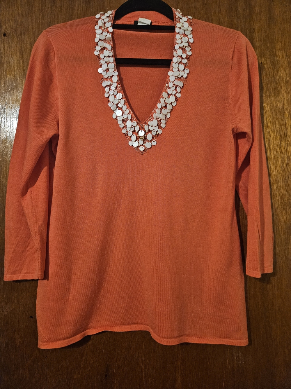 J. Crew Coral V-Neck Sweater with White Beaded Trim
